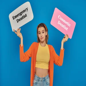 Emergency dentist vs cosmetic dentist in Sacramento — woman comparing two dental signs, one for emergency care and one for cosmetic services